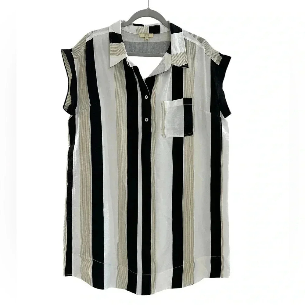 KORI Black & White Striped Short Sleeve Collared Shirt Dress Size Large - EUC - Picture 1 of 6